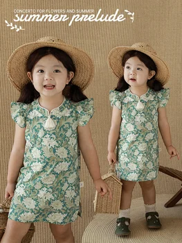Летнее тонкое детское платье в винтажном китайском стиле Hanfu с кисточками без рукавов и разрезом в виде цветка для девочек