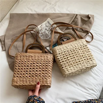 Соломенные сумки Летние Женские сумки-тоут Дизайнерские сумки Кошельки Плетение на шнурке Пляжная сумка с деревянной ручкой