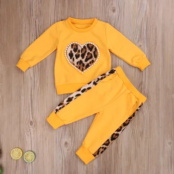 2 предмета детской осенней одежды, топ с круглым вырезом и длинными рукавами и принтом в виде сердца из жемчужного леопарда + длинные штаны для детей, мальчиков, девочек